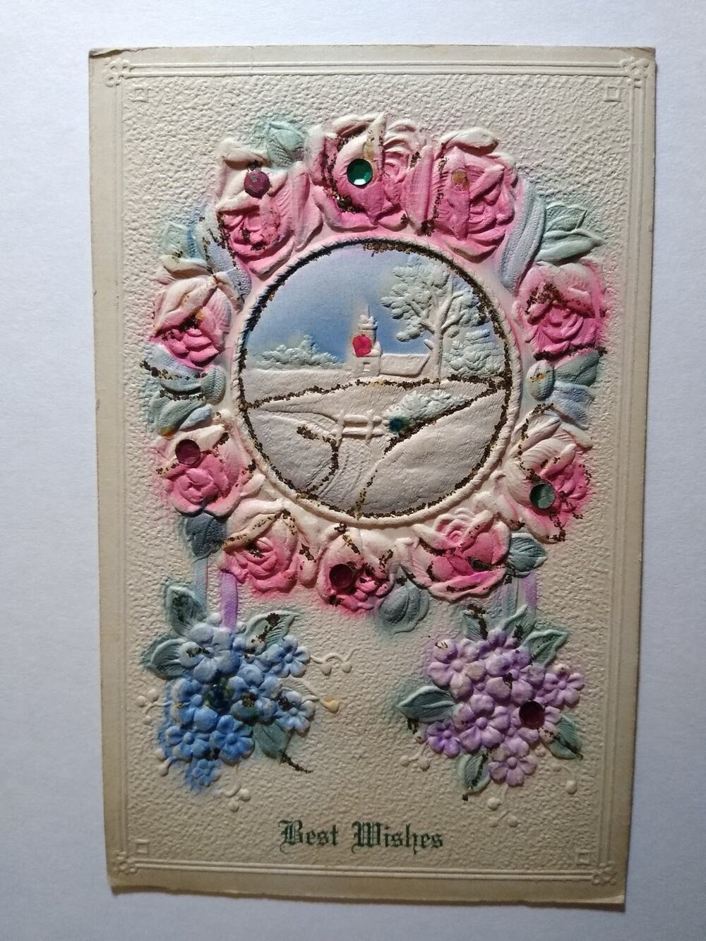 Embossed Best Wishes Postcard w/ Jewels, Glitter, Snow Scene, Roses, New Year